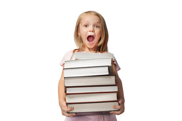 Girl with many books. Overwhelmed by the learning concept isolated on free png background.