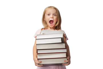 Girl with many books. Overwhelmed by the learning concept isolated on free png background.