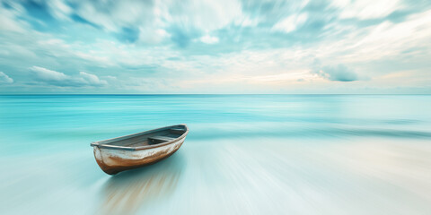 Naklejka premium A lone rowboat on a calm, turquoise sea under a wide sky with soft clouds, evoking feelings of solitude, peace, and endless horizons in a minimalistic setting.