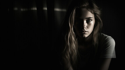 Fototapeta premium Black and white portrait stressed and depressed woman. She feel depressed lonely. Mental health concept.