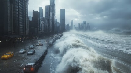 a tsunami (crashing of a massive wave) of enormous proportions cascading over a metropolis, with buildings and vehicles being drowned under water.