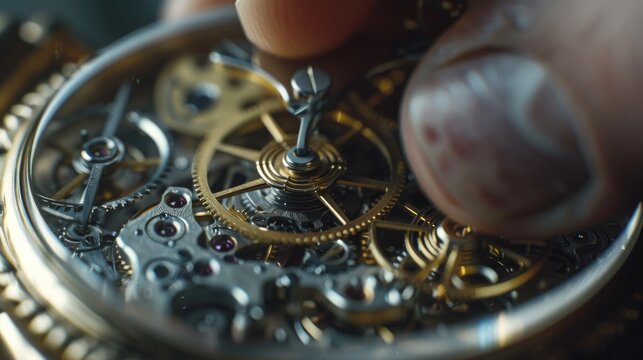 Close-up shot of fingers fine-tuning the internal gears of a mechanical watch, highlighting the precision and detail in watchmaking.