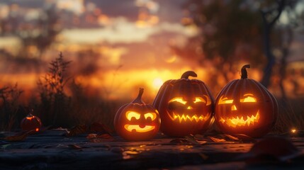 Three Jack-o'-lanterns of varying sizes are sitting on a wooden surface at sunset