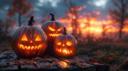 Fototapeta premium Three Jack-o'-lanterns of varying sizes are sitting on a wooden surface at sunset