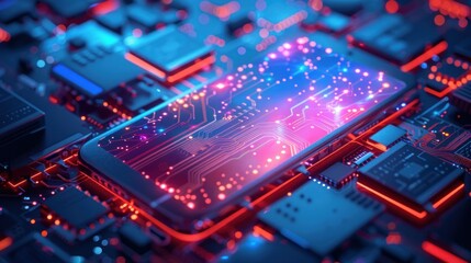 Obraz premium Abstract representation of blockchain technology on a mobile device, with glowing circuits and digital effects