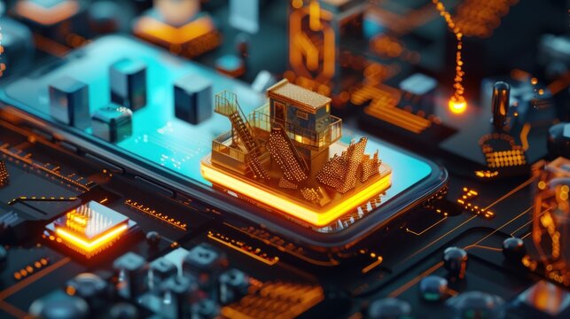 Abstract representation of mobile mining technology with digital assets floating above smartphones