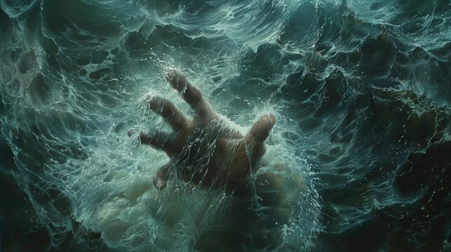 Distressed hand reaching from rough, greenish water, suggesting drowning. Image depicts arm submerged, fingers spread in plea for help.