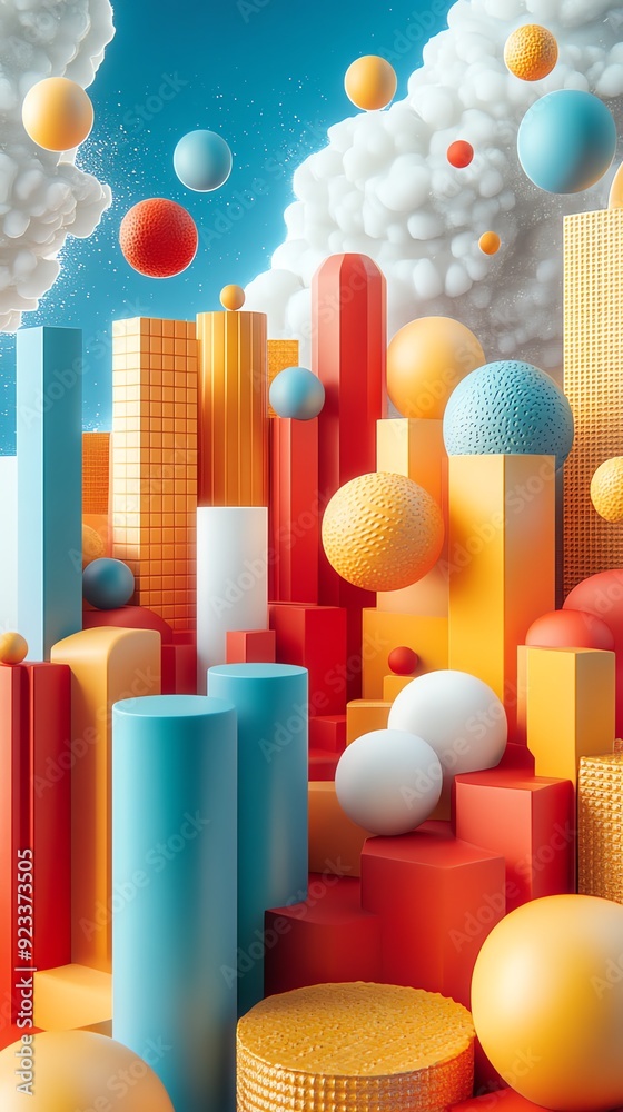 Poster abstract geometric shapes and orbs with white clouds.