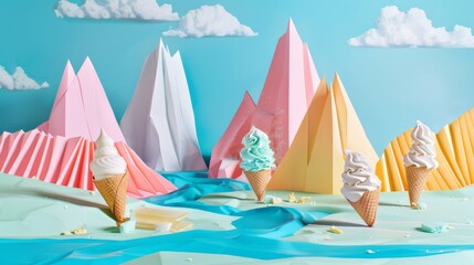 A whimsical, colorful mountain landscape created using ice cream cones and scoops against a dreamy backdrop, evoking a fantasy world of sweet delights.