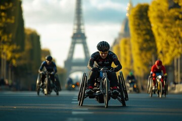 Cycling competition with athletes on handcycles racing through the streets of Paris, iconic landmarks in the distance