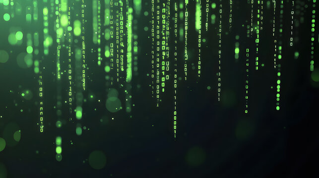 Abstract digital background with green binary code falling down against a dark background.