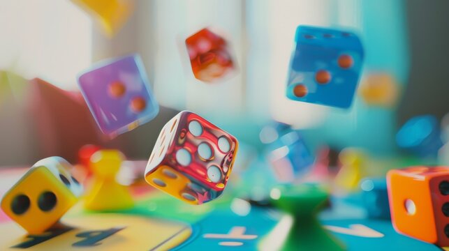 Colorful dice hover in mid-air, creating a lively and dynamic scene with blurred, playful background elements. - Powered by Adobe