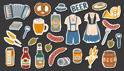 Set of beer festival elements isolated on black. Oktoberfest concept. Beer festival concept. Stickers set.