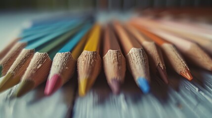 Colorful pencils are arranged in a neat row on a textured wooden surface, full of creativity and potential for expression.