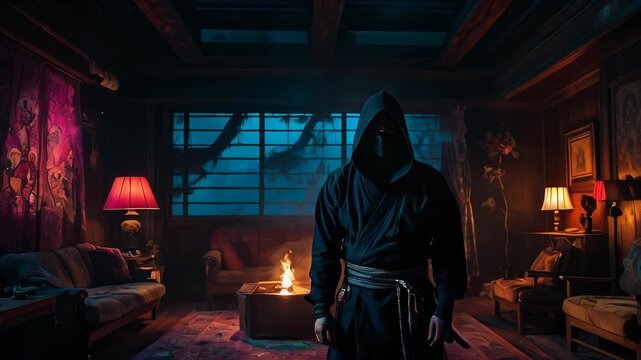 A cloaked figure ninja stands amidst shadows, surrounded by vibrant artwork and soft lamplight, as a warm fire crackles in the hearth.