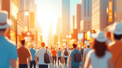 A sunny city street full of pedestrians under bright daylight. Tall buildings frame the scene, capturing the vibrancy and energy of city life as people move through their daily routines.