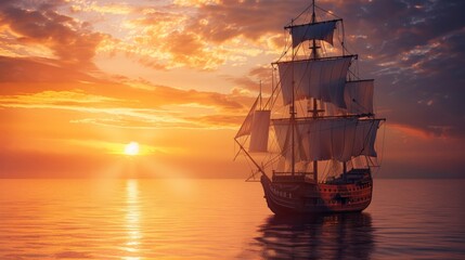 Obraz premium An old sailboat sails on the ocean with aged sails. The sky and sea transition from blue to golden hues at sunset, creating a serene and peaceful scene.