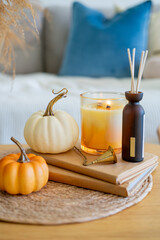 Home autumn decor in warm shades. Pumpkin, candle, dried flowers, pillows.