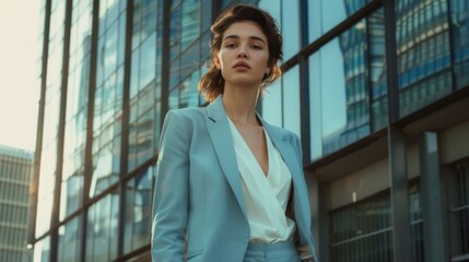 Fototapeta premium A poised, professional woman in a chic suit stands amidst sleek glass buildings, exuding confidence and elegance in an urban setting.