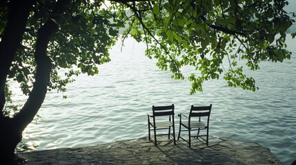 Two vintage wooden chairs are positioned near a tranquil lakeshore, embraced by the shade of lush trees and calm water.