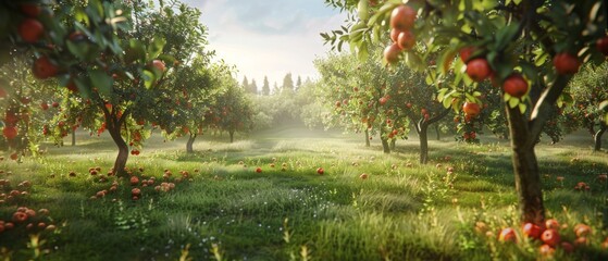 of a sunny apple orchard with ripe apples on trees and ground, serene blue sky. Vivid and hopeful atmosphere.