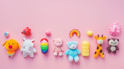 Fototapeta premium A delightful spread of various childhood toys arranged on a pink background, each exuding joy and nostalgia through their vibrant colors and forms.