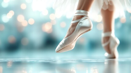 Close-up of a ballet dancer’s feet in pointe shoes, depicting the delicate strength and poise required in ballet, against a softly lit, defocused background.