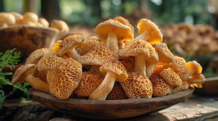 Wooden bowl filled with fresh, wild mushrooms at an outdoor market, showcasing organic produce in a natural, rustic setting