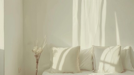 A minimalist room with light pouring in, highlighting simple, white cushions on a daybed, and a dried floral arrangement in a corner.