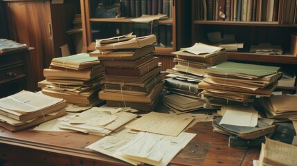 Fototapeta premium A close-up of a study desk cluttered with stacks of books and papers under soft lighting, portraying a busy research environment.