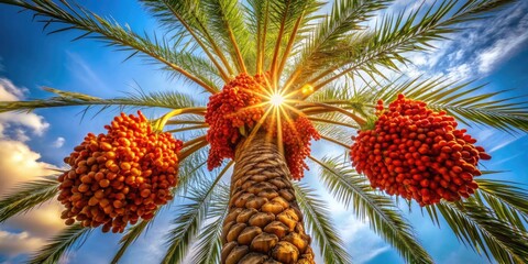 Dramatic low-angle shot of a solitary palm tree towering above a sea of red dates, with intense sunlight and a shallow depth of field