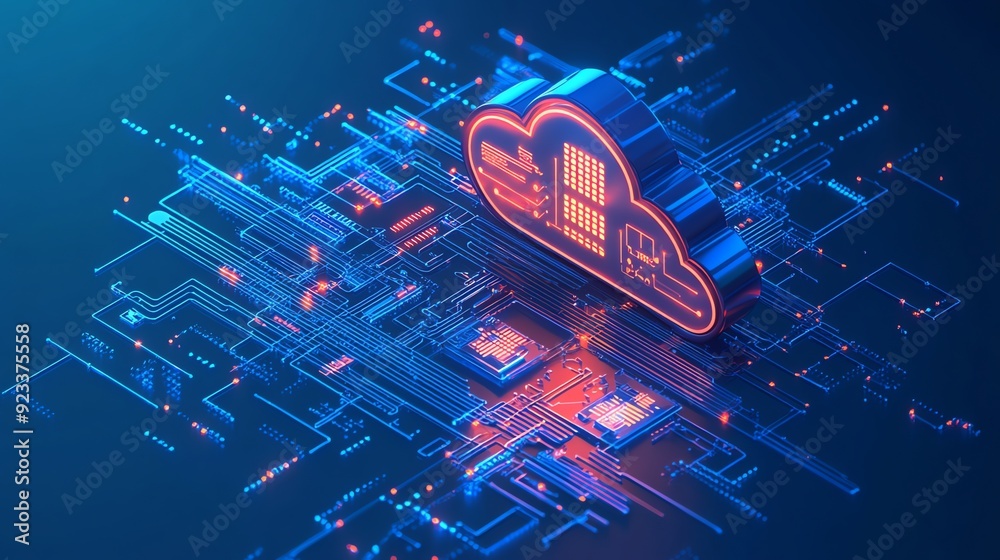 Poster Cloud computing concept with glowing circuit board.