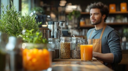 Modern Office Environment Featuring a Caffeine-Free Nootropic Tea or Smoothie, Highlighting Creative Work in the Background with a Clean, Stylish Setup and Abundant Natural Light