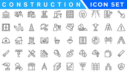 Construction line icons set. Home repair tools outline icons collection. Construction tools, builders and equipment symbols. Builder, crane, engineering, equipment, helmet, tool, house