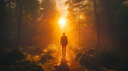 Person Walking Along a Sunlit Forest Path, Enjoying a Nootropic Smoothie Amidst Calming Nature with Soft Light Filtering Through the Trees, Creating a Tranquil and Serene Atmosphere
