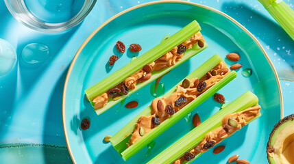 a healthy snack plate featuring celery sticks filled with almond butter, sprinkled with raisins and sunflower seeds, placed on a bright blue plate with a glass of water beside it