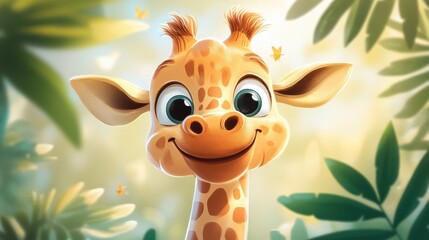 A cheerful animated giraffe with large, expressive eyes stands in a vibrant jungle setting, surrounded by lush greenery and tiny butterflies fluttering around.