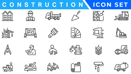 Construction line icons set. Home repair tools outline icons collection. Construction tools, builders and equipment symbols. Builder, crane, engineering, equipment, helmet, tool, house