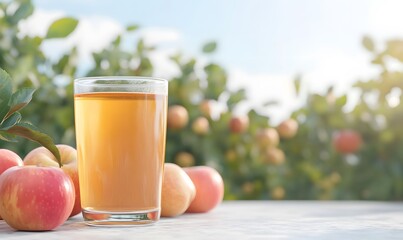 Fototapeta premium A glass of cider against the backdrop of an apple orchard, Generative AI