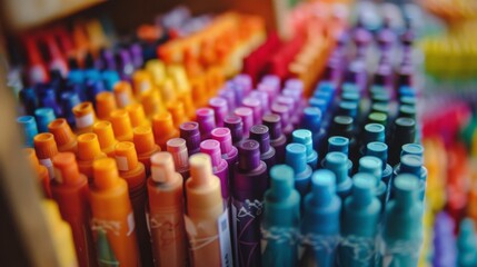 Obraz premium A vivid display of multicolored markers, organized neatly on shelves, highlights the array of vibrant shades available for artistic expression.