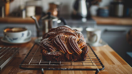 a loaf of chocolate babka, with its rich, swirled layers visible, set on a cooling rack. The rack is placed on a kitchen table with a pot of coffee and two cups in the background