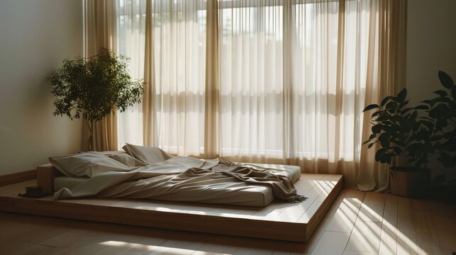 An empty bedroom featuring a minimalist futon bed, light streaming through large windows, creating a peaceful and inviting atmosphere.