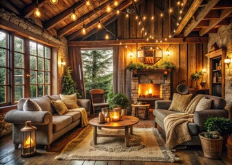 cozy rustic cottage warm earthy tones rough sketchy details vintage distressed decor soft golden light inviting snug atmosphere rural charm