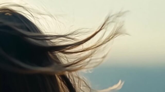 Close-up of woman's hair blowing in wind, symbolizing freedom, hope and new beginnings.