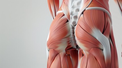 A close-up view of a detailed anatomical model showcasing the musculature of the human lower body with a focus on the muscles and tendons.