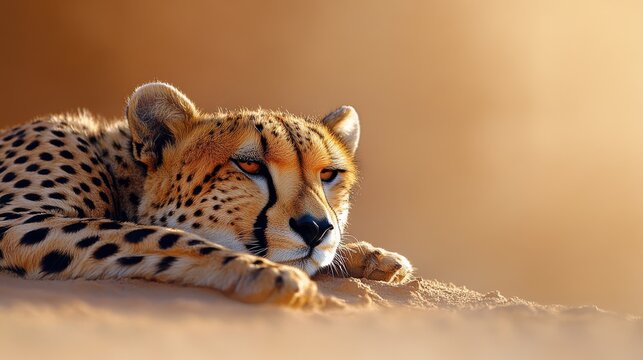 An impressive image of a cheetah laying on sandy ground with an intense gaze, reflecting power and a sense of alertness, blending into the natural warm-toned environment.