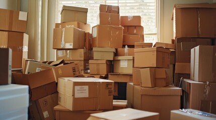 A cluttered room filled with various sizes of cardboard boxes, stacked high and lit by window light, conveying a sense of moving or storage.
