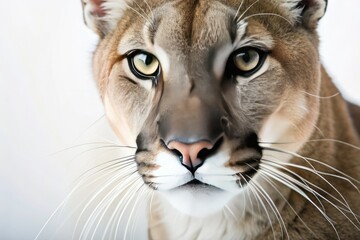 intricate and detailed macro photography of cougar's whiskers and white fur against a pure white background with shallow depth of field