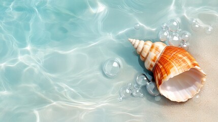 A seashell is seen artistically placed in shallow, crystal-clear beach water, showcasing the...