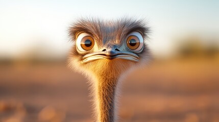 A close-up photograph of an ostrich’s head with pronounced and curious eyes, displaying intricate feather details, taken in an outdoor natural environment during daylight.